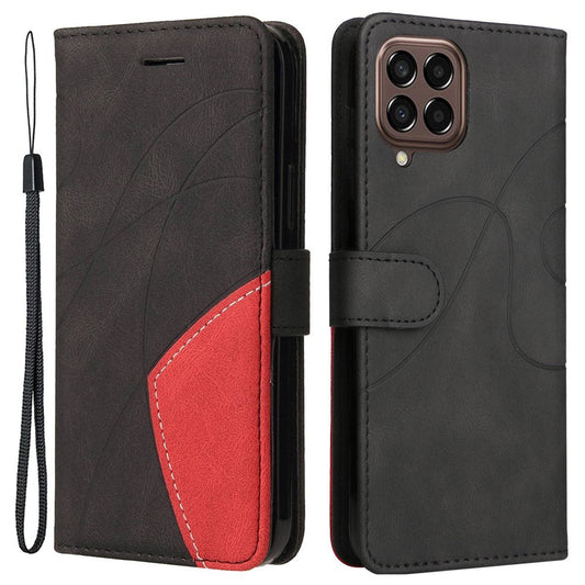 For Samsung Galaxy M33 5G (Global Version) PU Leather Wallet Phone Case Dual-color Splicing Stand Phone Shell with Strap - Black