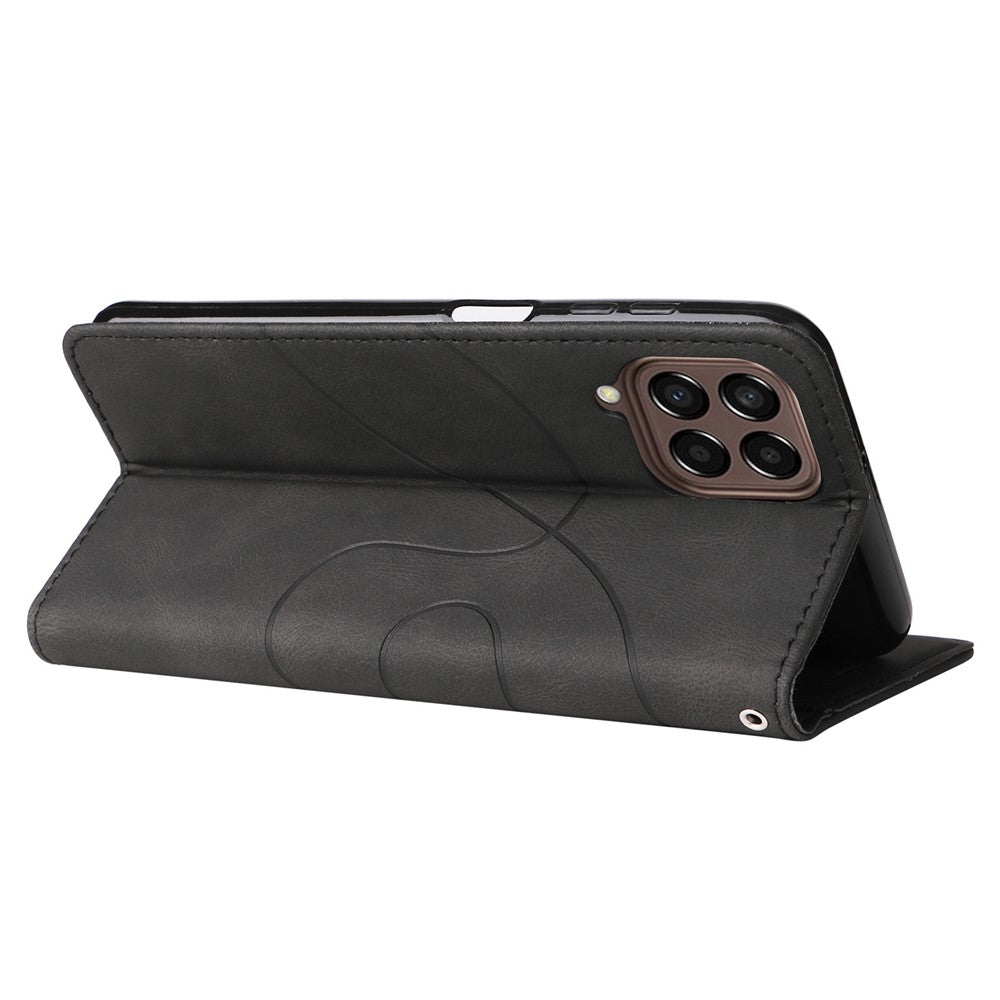 For Samsung Galaxy M33 5G (Global Version) PU Leather Wallet Phone Case Dual-color Splicing Stand Phone Shell with Strap - Black