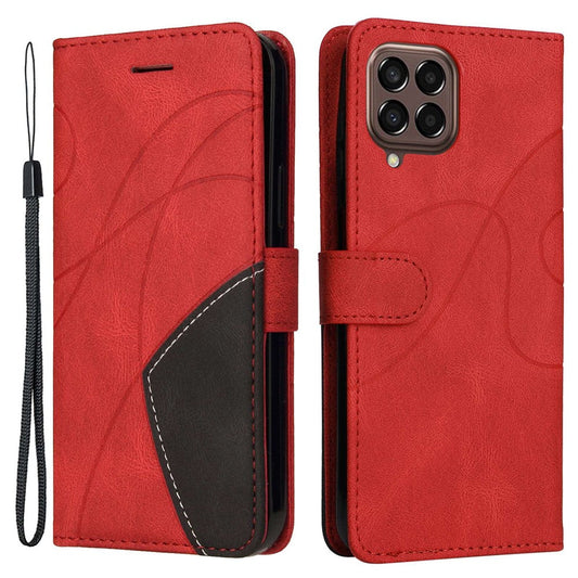 For Samsung Galaxy M33 5G (Global Version) PU Leather Wallet Phone Case Dual-color Splicing Stand Phone Shell with Strap - Red