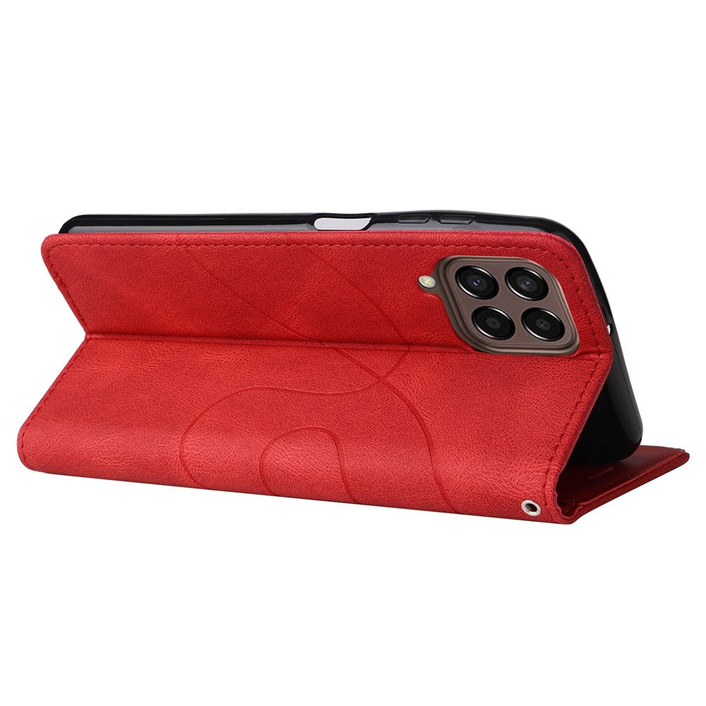 For Samsung Galaxy M33 5G (Global Version) PU Leather Wallet Phone Case Dual-color Splicing Stand Phone Shell with Strap - Red