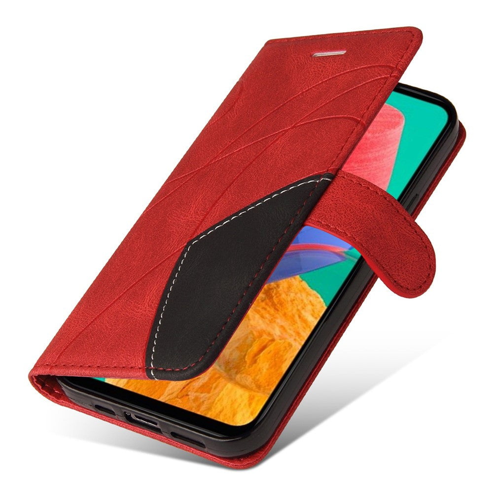 For Samsung Galaxy M33 5G (Global Version) PU Leather Wallet Phone Case Dual-color Splicing Stand Phone Shell with Strap - Red