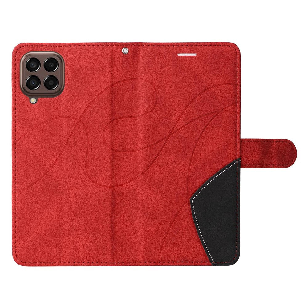 For Samsung Galaxy M33 5G (Global Version) PU Leather Wallet Phone Case Dual-color Splicing Stand Phone Shell with Strap - Red