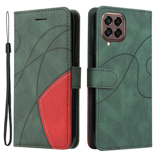 For Samsung Galaxy M33 5G (Global Version) PU Leather Wallet Phone Case Dual-color Splicing Stand Phone Shell with Strap - Green