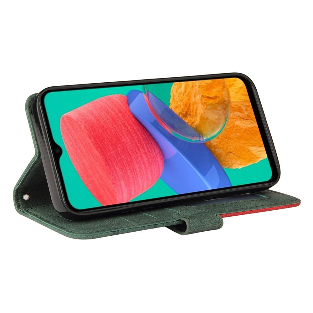For Samsung Galaxy M33 5G (Global Version) PU Leather Wallet Phone Case Dual-color Splicing Stand Phone Shell with Strap - Green