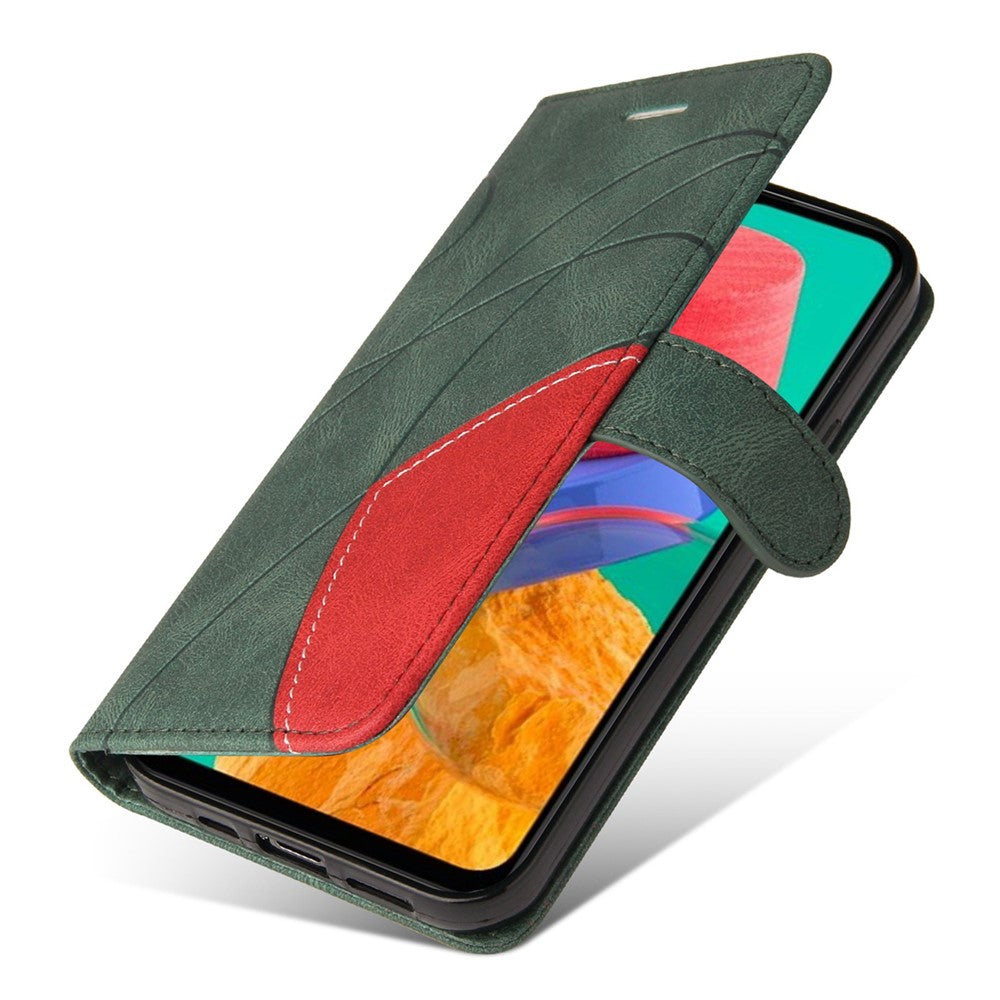 For Samsung Galaxy M33 5G (Global Version) PU Leather Wallet Phone Case Dual-color Splicing Stand Phone Shell with Strap - Green