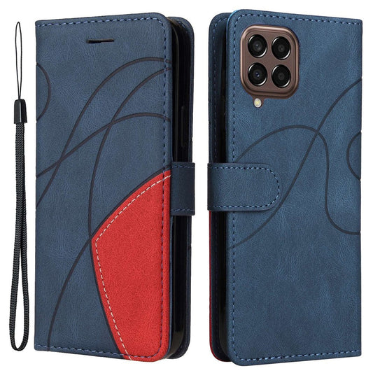 For Samsung Galaxy M33 5G (Global Version) PU Leather Wallet Phone Case Dual-color Splicing Stand Phone Shell with Strap - Blue