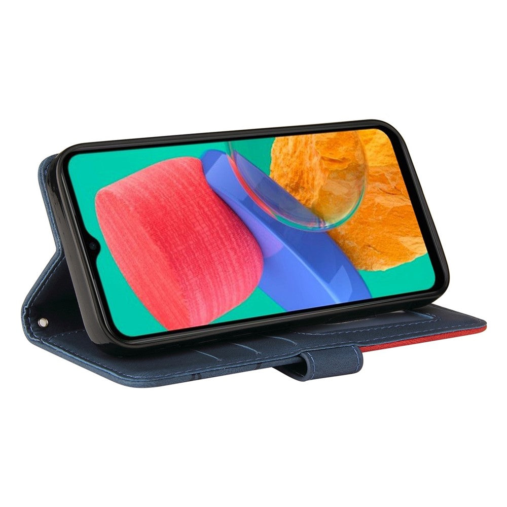 For Samsung Galaxy M33 5G (Global Version) PU Leather Wallet Phone Case Dual-color Splicing Stand Phone Shell with Strap - Blue