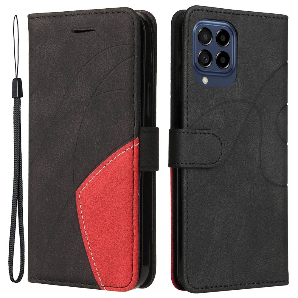 For Samsung Galaxy M53 5G Fashionable Wallet Style Dual-color Splicing PU Leather Phone Case Stand Shell with Strap - Black