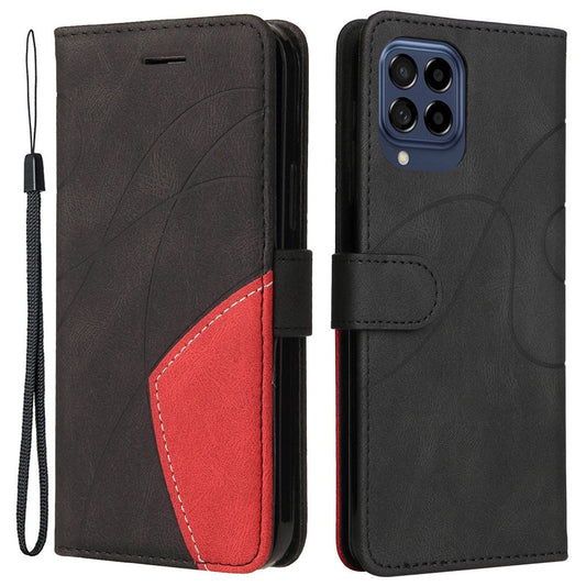 For Samsung Galaxy M53 5G Fashionable Wallet Style Dual-color Splicing PU Leather Phone Case Stand Shell with Strap - Black