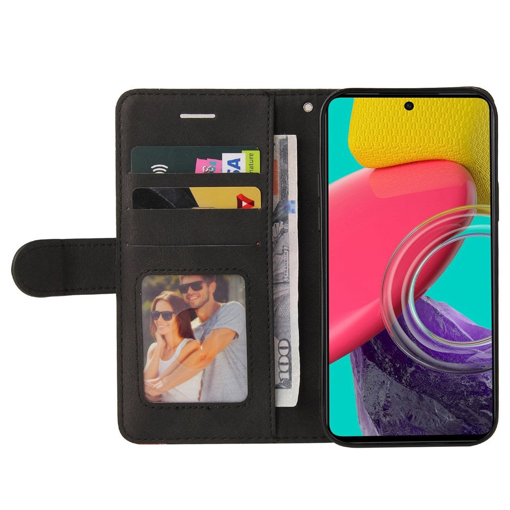 For Samsung Galaxy M53 5G Fashionable Wallet Style Dual-color Splicing PU Leather Phone Case Stand Shell with Strap - Black