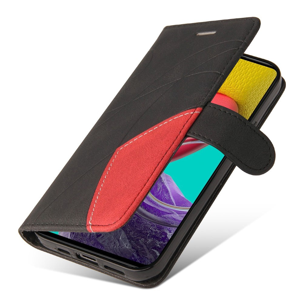 For Samsung Galaxy M53 5G Fashionable Wallet Style Dual-color Splicing PU Leather Phone Case Stand Shell with Strap - Black