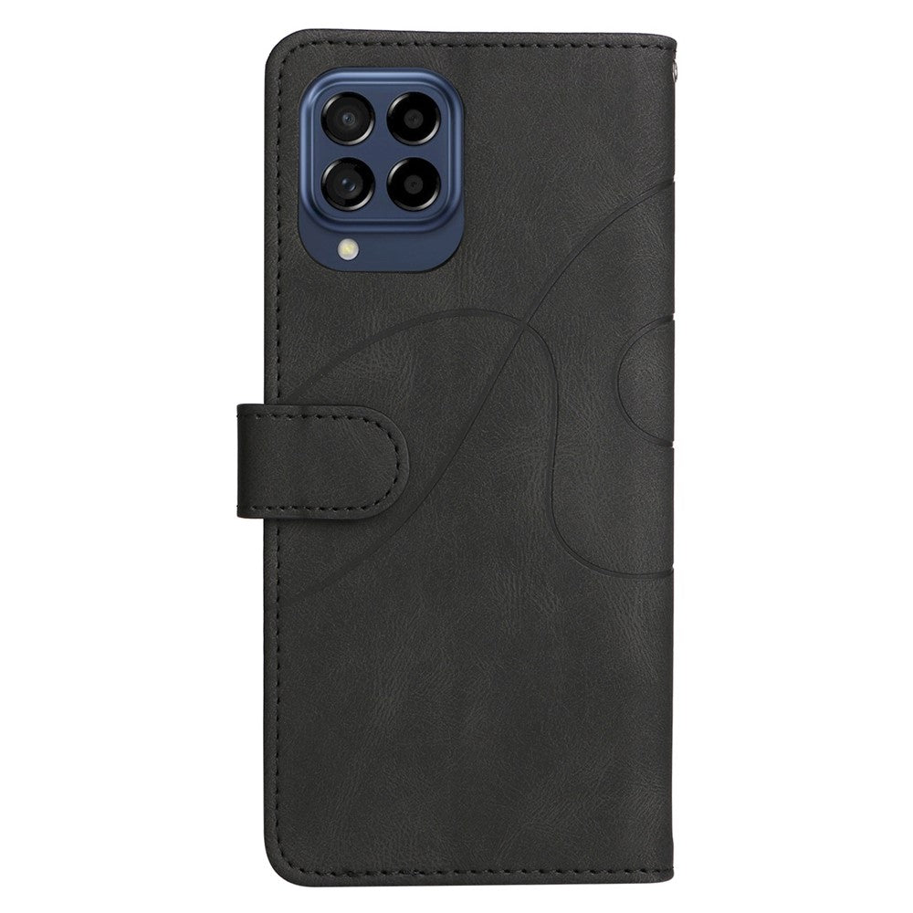For Samsung Galaxy M53 5G Fashionable Wallet Style Dual-color Splicing PU Leather Phone Case Stand Shell with Strap - Black