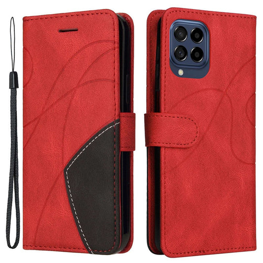 For Samsung Galaxy M53 5G Fashionable Wallet Style Dual-color Splicing PU Leather Phone Case Stand Shell with Strap - Red