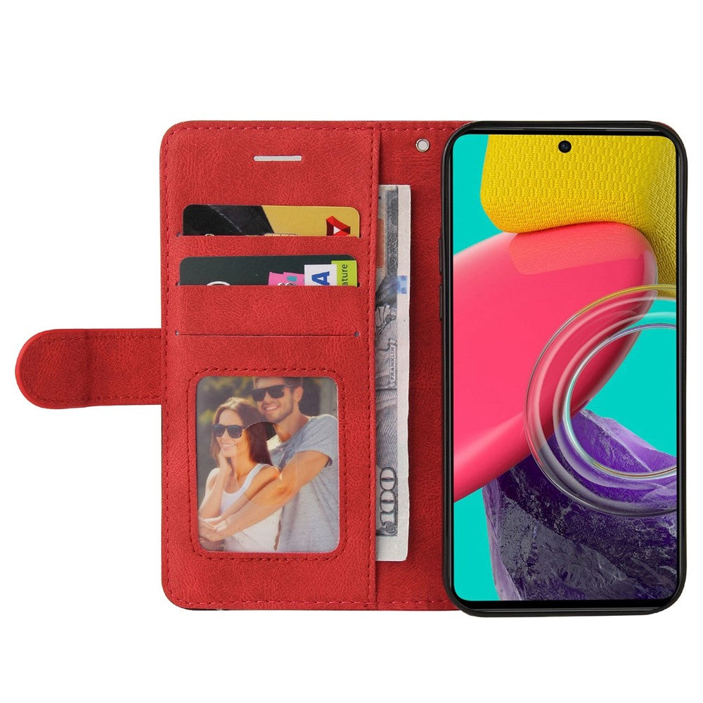 For Samsung Galaxy M53 5G Fashionable Wallet Style Dual-color Splicing PU Leather Phone Case Stand Shell with Strap - Red