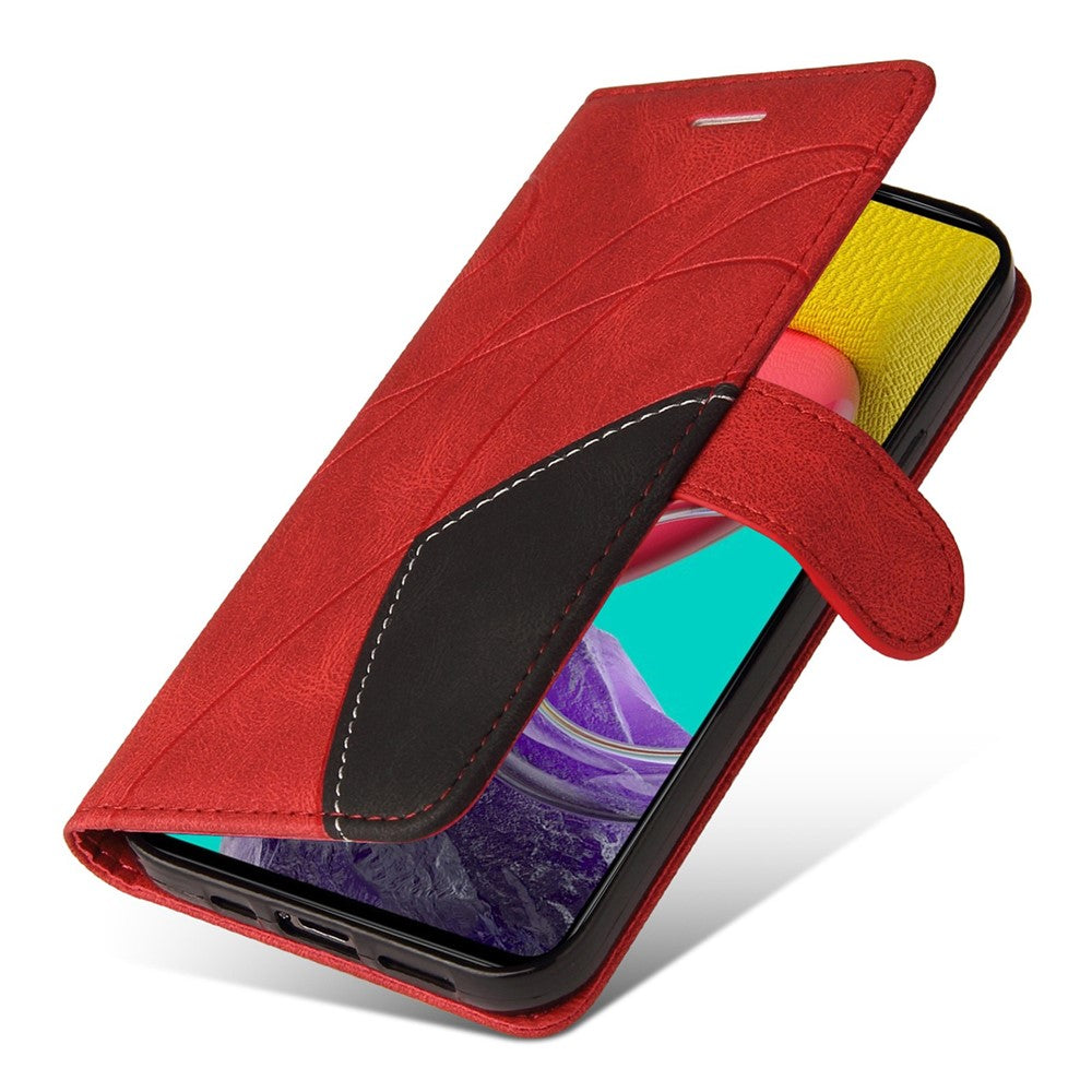 For Samsung Galaxy M53 5G Fashionable Wallet Style Dual-color Splicing PU Leather Phone Case Stand Shell with Strap - Red