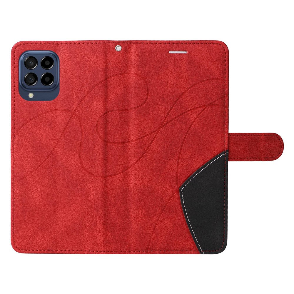 For Samsung Galaxy M53 5G Fashionable Wallet Style Dual-color Splicing PU Leather Phone Case Stand Shell with Strap - Red