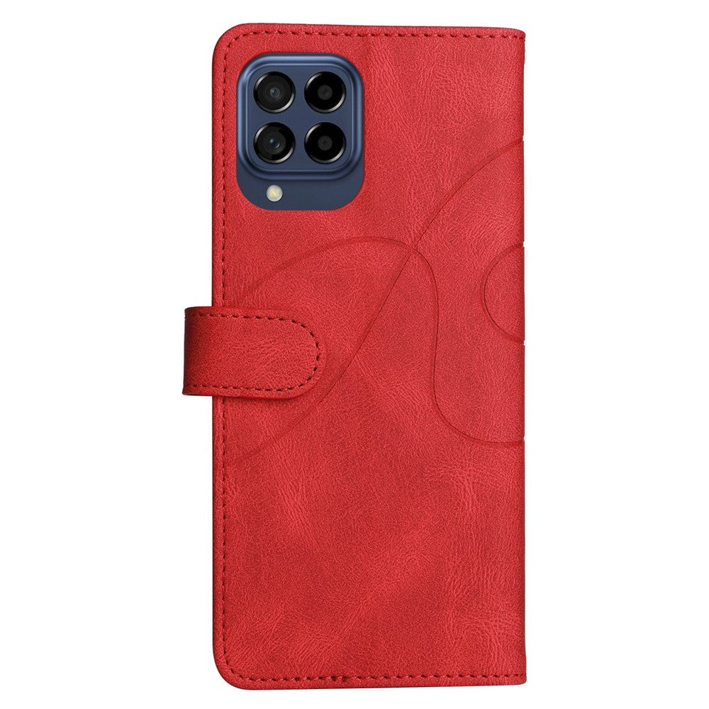 For Samsung Galaxy M53 5G Fashionable Wallet Style Dual-color Splicing PU Leather Phone Case Stand Shell with Strap - Red