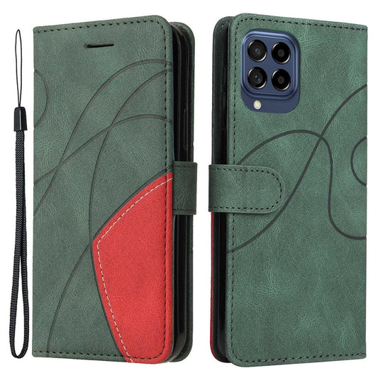 For Samsung Galaxy M53 5G Fashionable Wallet Style Dual-color Splicing PU Leather Phone Case Stand Shell with Strap - Green