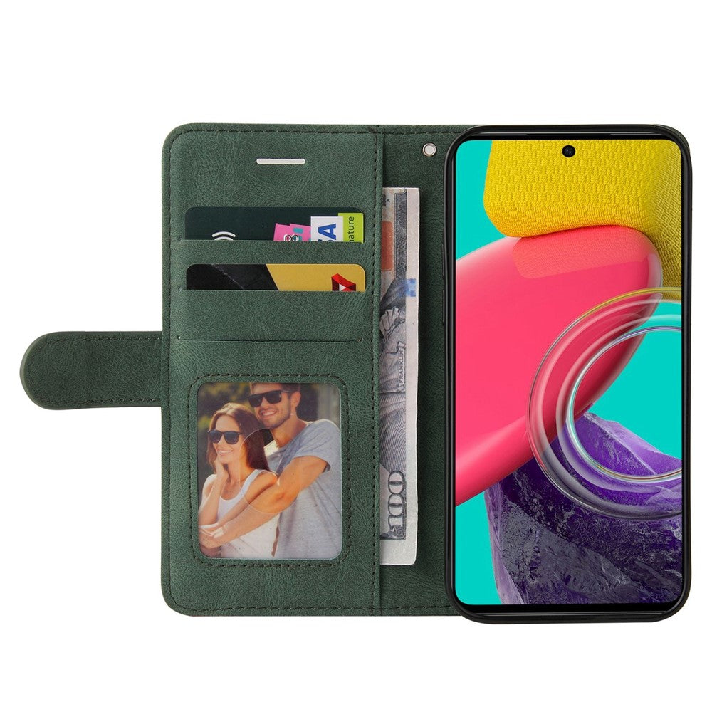 For Samsung Galaxy M53 5G Fashionable Wallet Style Dual-color Splicing PU Leather Phone Case Stand Shell with Strap - Green