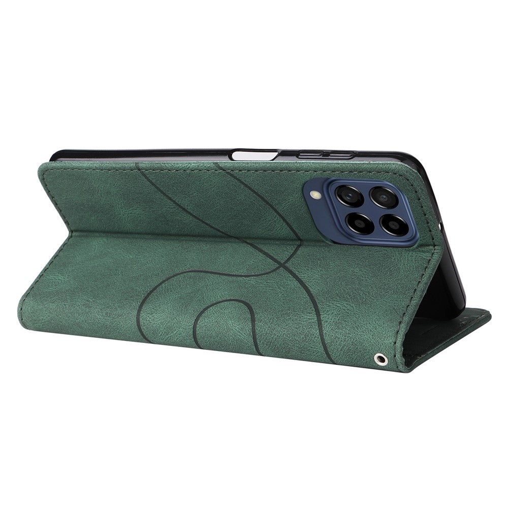 For Samsung Galaxy M53 5G Fashionable Wallet Style Dual-color Splicing PU Leather Phone Case Stand Shell with Strap - Green