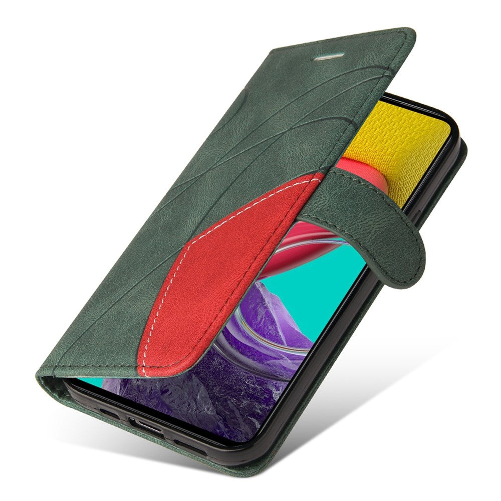 For Samsung Galaxy M53 5G Fashionable Wallet Style Dual-color Splicing PU Leather Phone Case Stand Shell with Strap - Green