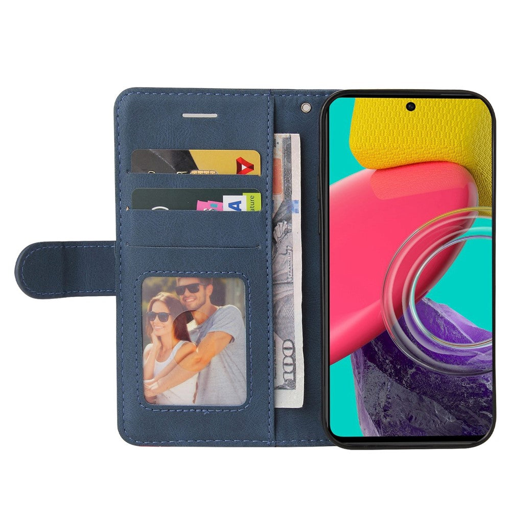 For Samsung Galaxy M53 5G Fashionable Wallet Style Dual-color Splicing PU Leather Phone Case Stand Shell with Strap - Blue