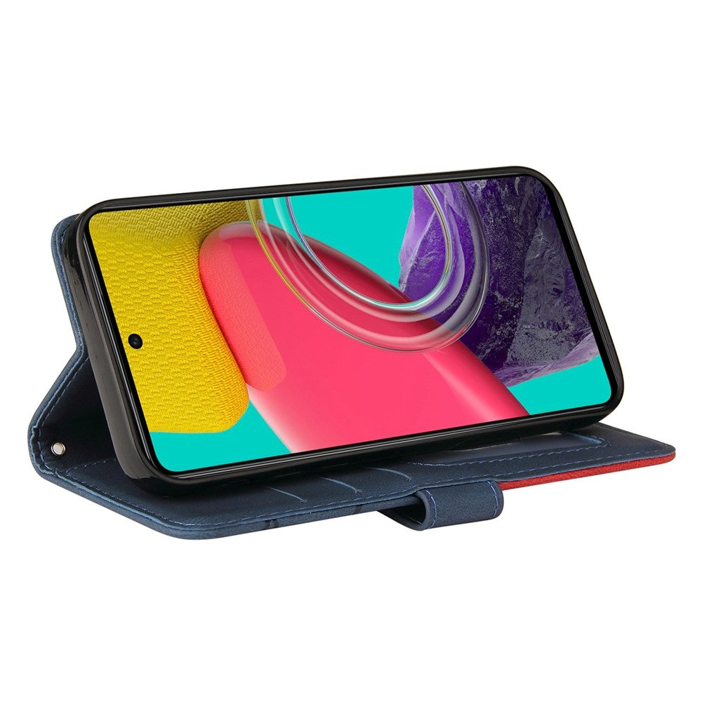 For Samsung Galaxy M53 5G Fashionable Wallet Style Dual-color Splicing PU Leather Phone Case Stand Shell with Strap - Blue