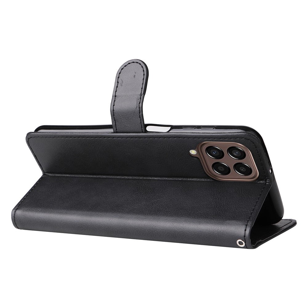 For Samsung Galaxy M33 5G (Global) Case Solid Color Leather Mobile Cover Wallet Stand with Strap - Black