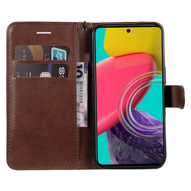 KT Leather Series-2 Anti-scratch PU Leather Wallet Phone Case for Samsung Galaxy M53 5G, Foldable Stand Cover with Hand Strap - Brown