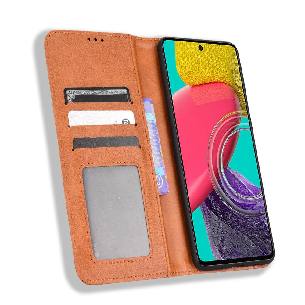 Auto-Absorbed Phone Cover for Samsung Galaxy M53 5G, Retro Surface Anti-Fall Wallet Stand Leather Mobile Phone Accessory - Brown