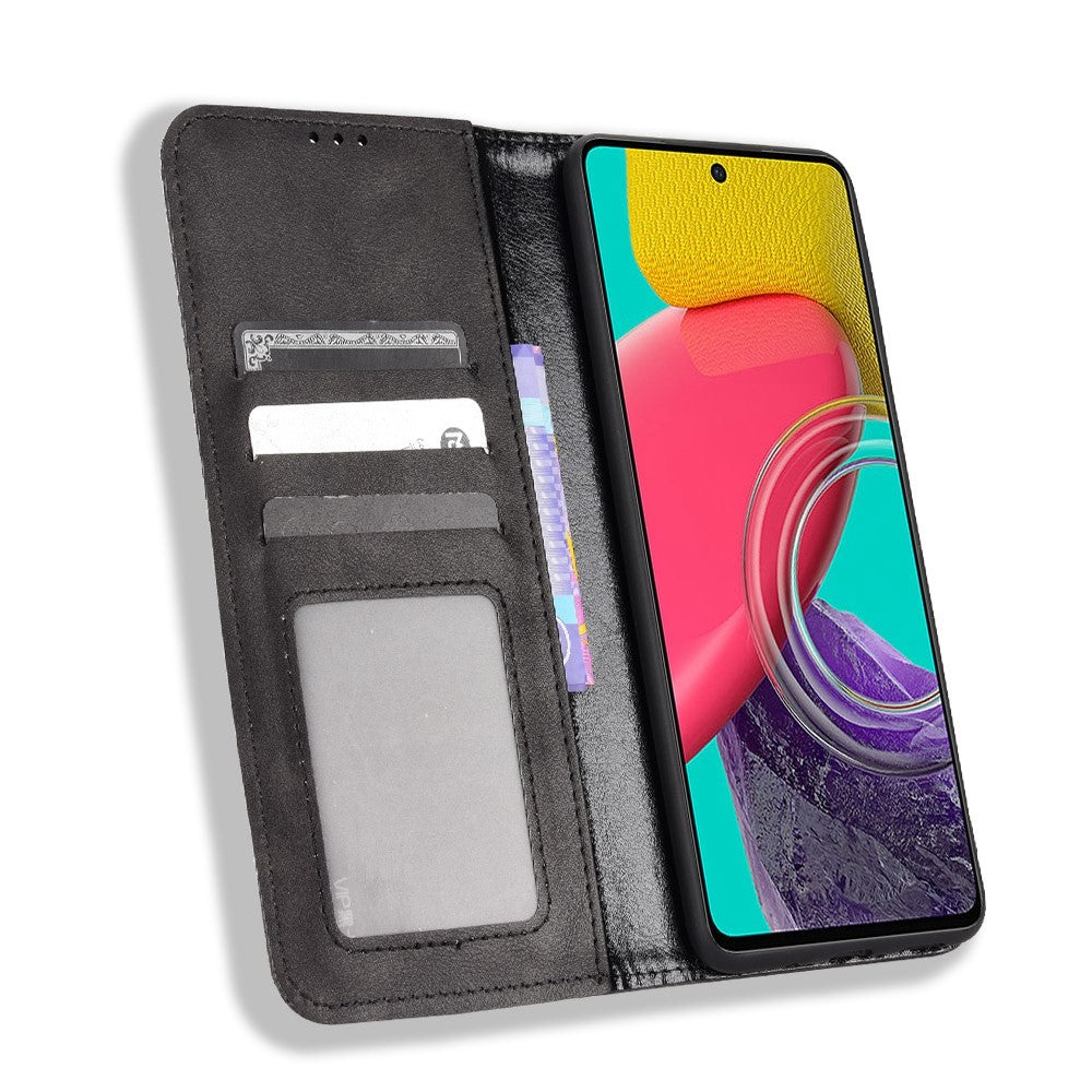 Auto-Absorbed Phone Cover for Samsung Galaxy M53 5G, Retro Surface Anti-Fall Wallet Stand Leather Mobile Phone Accessory - Black