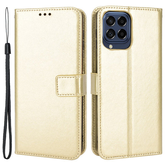 Stand Design Phone Case for Samsung Galaxy M53 5G, Crazy Horse Texture PU Leather Magnetic Phone Cover with Strap - Gold