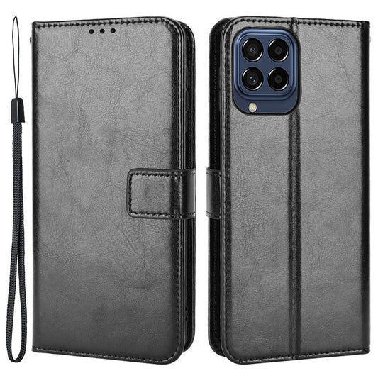 Stand Design Phone Case for Samsung Galaxy M53 5G, Crazy Horse Texture PU Leather Magnetic Phone Cover with Strap - Black