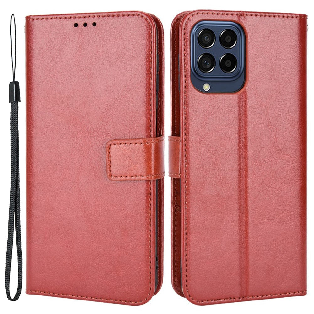 Stand Design Phone Case for Samsung Galaxy M53 5G, Crazy Horse Texture PU Leather Magnetic Phone Cover with Strap - Brown