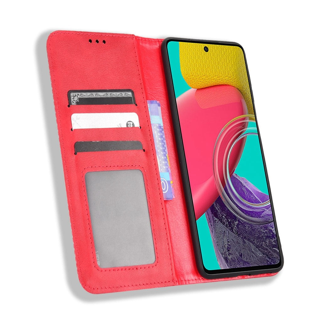 Phone Cover for Samsung Galaxy M33 5G (Global Version), Well-protected Anti-scratch Auto-Absorbed Retro Surface Wallet Stand Leather Phone Accessory - Red