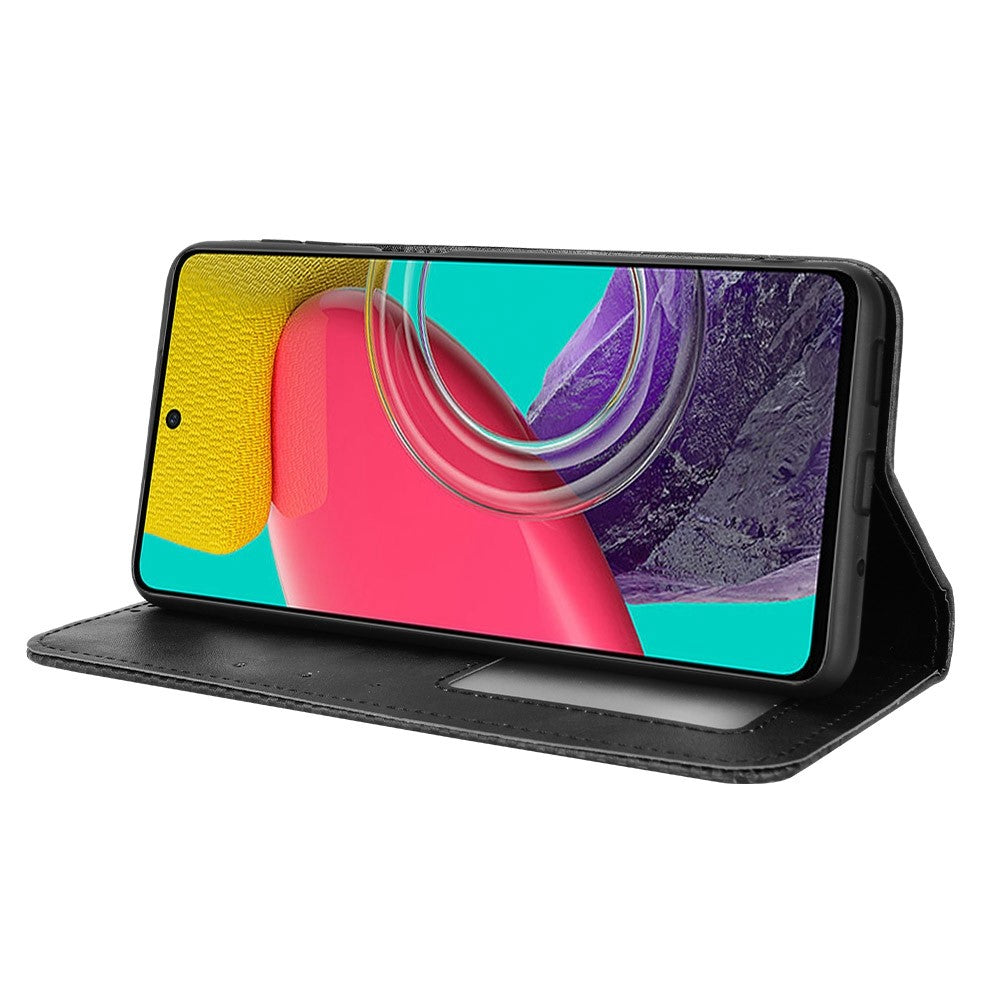 Phone Cover for Samsung Galaxy M33 5G (Global Version), Well-protected Anti-scratch Auto-Absorbed Retro Surface Wallet Stand Leather Phone Accessory - Black