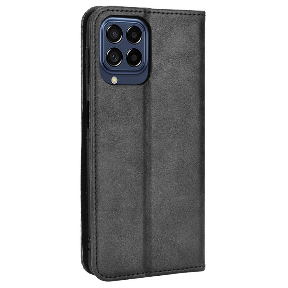 Phone Cover for Samsung Galaxy M33 5G (Global Version), Well-protected Anti-scratch Auto-Absorbed Retro Surface Wallet Stand Leather Phone Accessory - Black