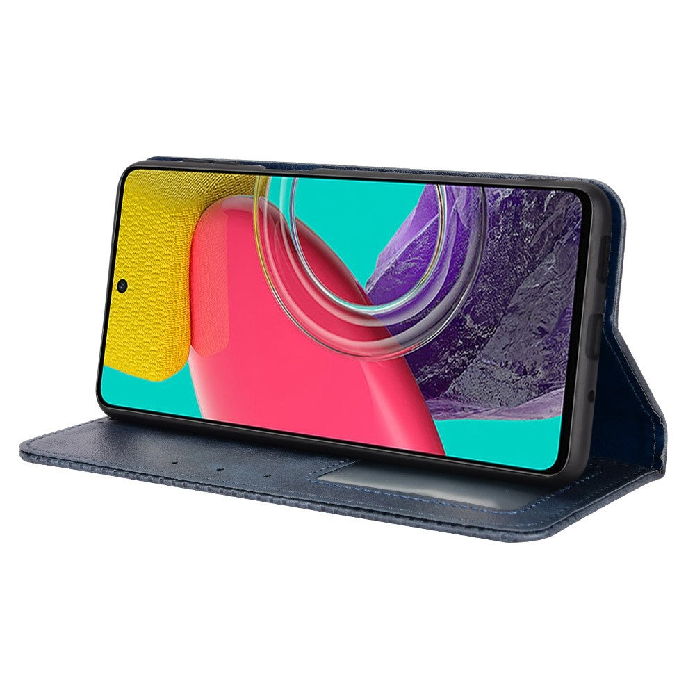 Phone Cover for Samsung Galaxy M33 5G (Global Version), Well-protected Anti-scratch Auto-Absorbed Retro Surface Wallet Stand Leather Phone Accessory - Blue