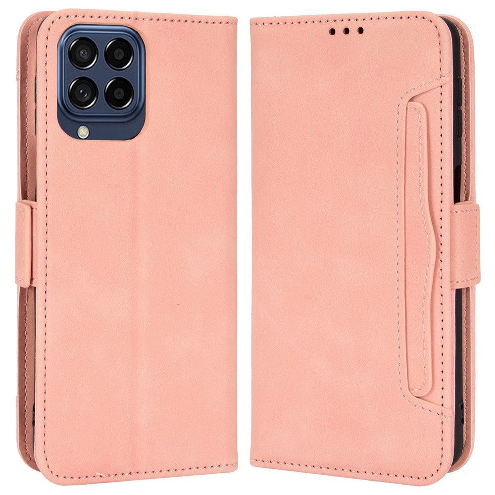 For Samsung Galaxy M33 5G (Global Version) Flip Wallet Case PU Leather Multiple Card Slots Stand Magnetic Closure Shockproof Folio Cover - Pink