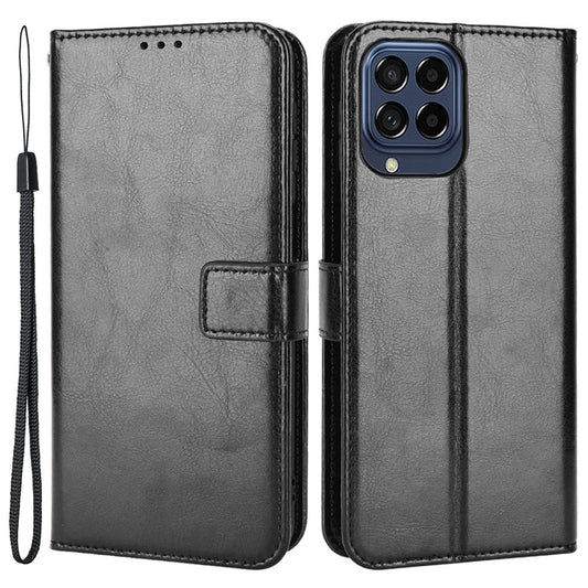For Samsung Galaxy M33 5G (Global Version) Crazy Horse Texture Wallet Flip Cover PU Leather TPU Inner Shell Magnetic Closure Stand Function Folio Case with Strap - Black