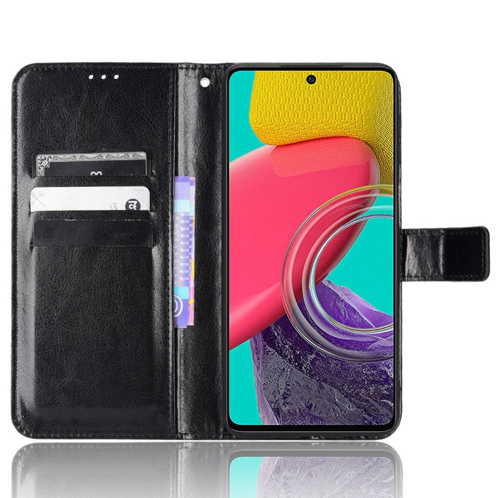 For Samsung Galaxy M33 5G (Global Version) Crazy Horse Texture Wallet Flip Cover PU Leather TPU Inner Shell Magnetic Closure Stand Function Folio Case with Strap - Black