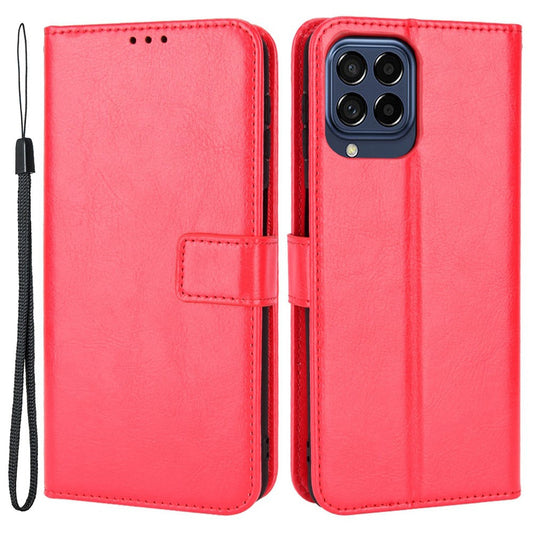 For Samsung Galaxy M33 5G (Global Version) Crazy Horse Texture Wallet Flip Cover PU Leather TPU Inner Shell Magnetic Closure Stand Function Folio Case with Strap - Red