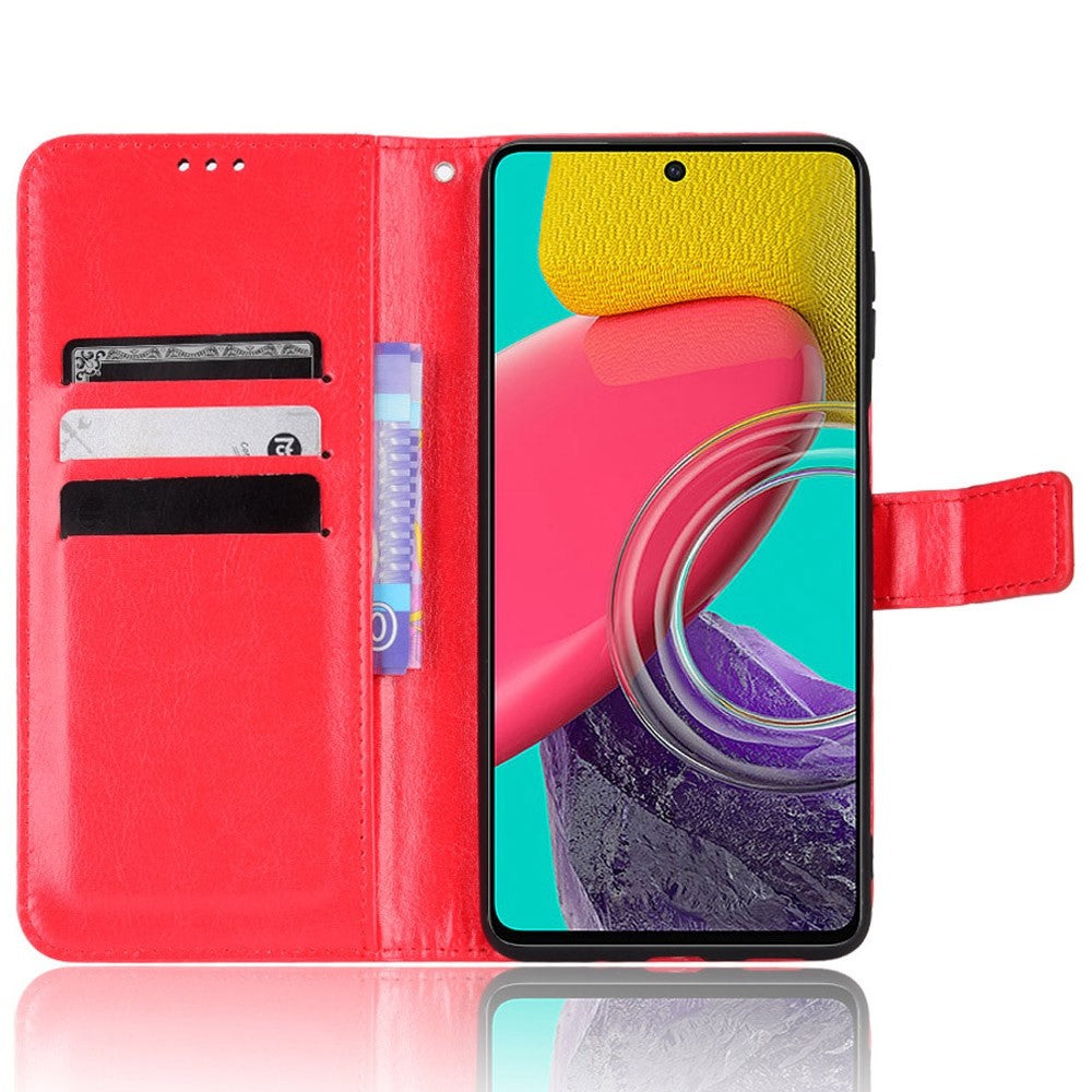 For Samsung Galaxy M33 5G (Global Version) Crazy Horse Texture Wallet Flip Cover PU Leather TPU Inner Shell Magnetic Closure Stand Function Folio Case with Strap - Red