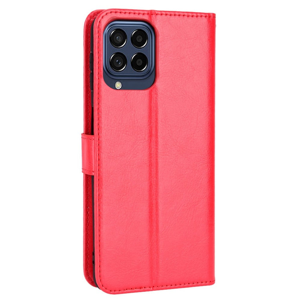 For Samsung Galaxy M33 5G (Global Version) Crazy Horse Texture Wallet Flip Cover PU Leather TPU Inner Shell Magnetic Closure Stand Function Folio Case with Strap - Red