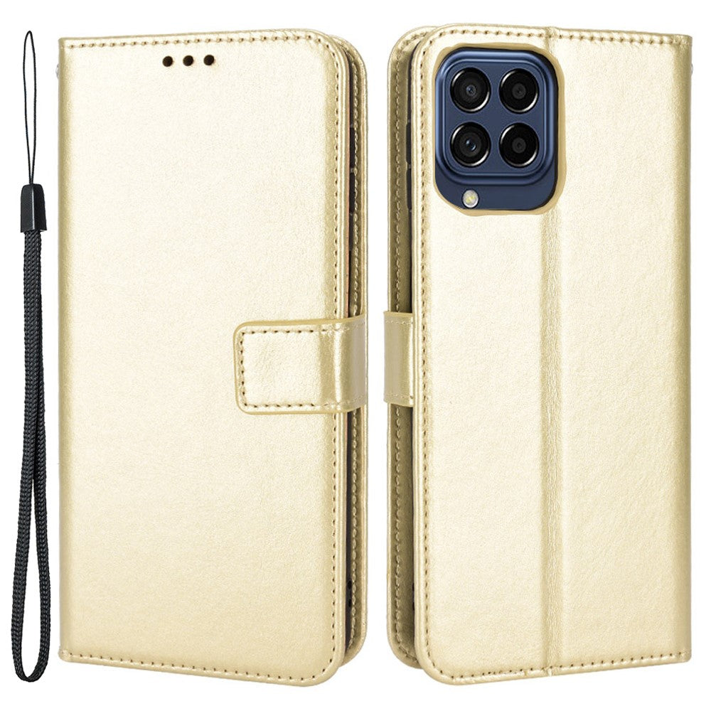 For Samsung Galaxy M33 5G (Global Version) Crazy Horse Texture Wallet Flip Cover PU Leather TPU Inner Shell Magnetic Closure Stand Function Folio Case with Strap - Gold