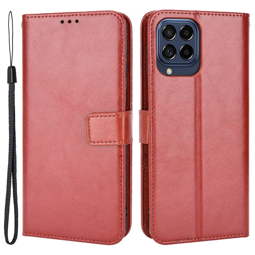 For Samsung Galaxy M33 5G (Global Version) Crazy Horse Texture Wallet Flip Cover PU Leather TPU Inner Shell Magnetic Closure Stand Function Folio Case with Strap - Brown