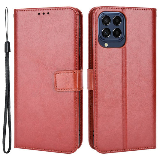 For Samsung Galaxy M33 5G (Global Version) Crazy Horse Texture Wallet Flip Cover PU Leather TPU Inner Shell Magnetic Closure Stand Function Folio Case with Strap - Brown