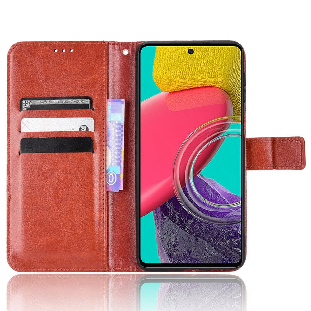 For Samsung Galaxy M33 5G (Global Version) Crazy Horse Texture Wallet Flip Cover PU Leather TPU Inner Shell Magnetic Closure Stand Function Folio Case with Strap - Brown