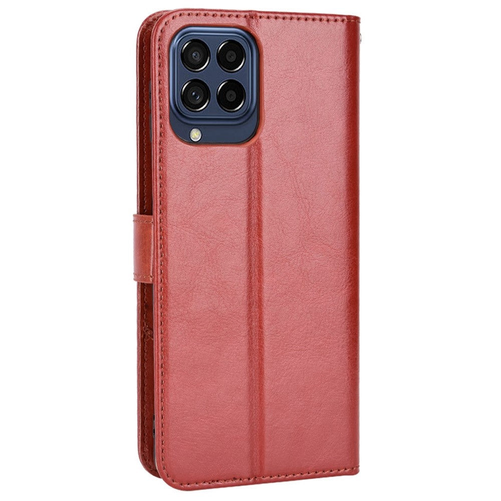 For Samsung Galaxy M33 5G (Global Version) Crazy Horse Texture Wallet Flip Cover PU Leather TPU Inner Shell Magnetic Closure Stand Function Folio Case with Strap - Brown