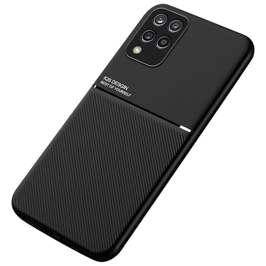 For Samsung Galaxy M33 5G (Global Version) Shockproof Phone Case Wear-resistant Precise Cutout PU Leather + TPU Imprinted Cell Phone Cover with Built-in Magnetic Metal Sheet - Black